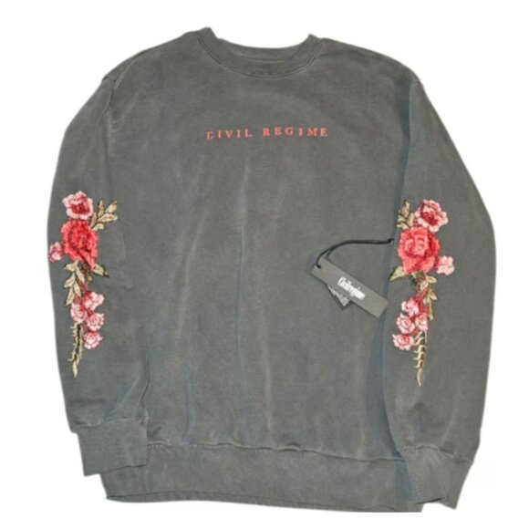 Civil Regime Gray Crew neck W/Roses Embroidery on Sleeves Vintage Wash - Picture 1 of 7
